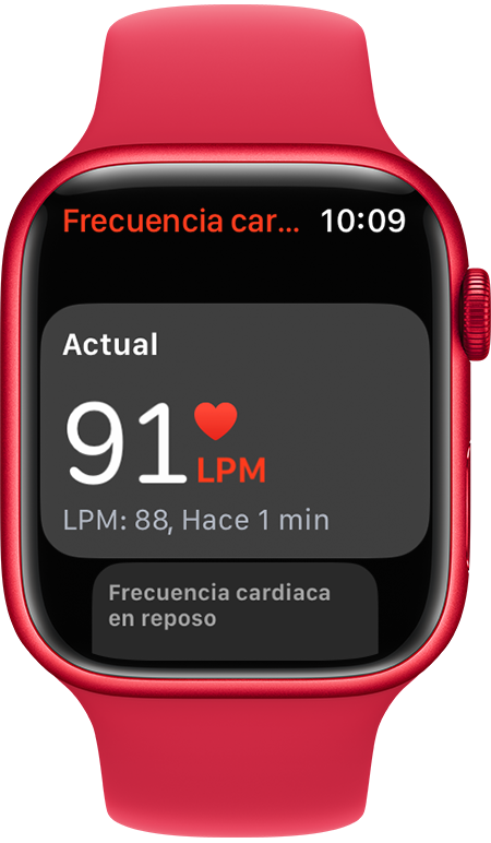 App Frec. cardiaca, donde se muestra una frecuencia actual de 91 LPM