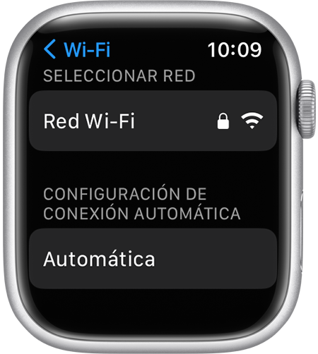 Pantalla de configuración de Wi-Fi del Apple Watch en la que se muestra la opción Configuración de conexión automática