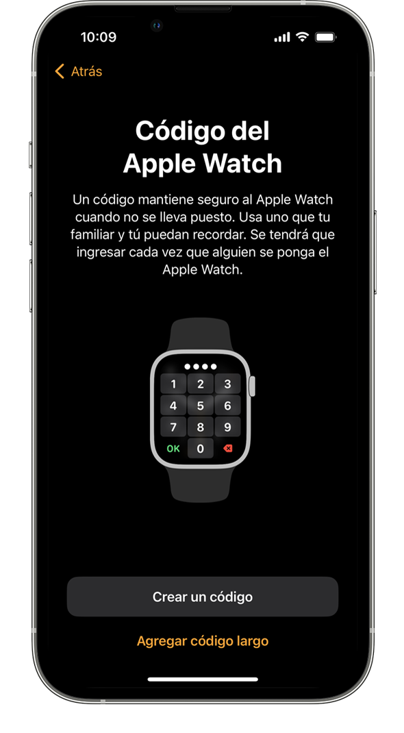 La pantalla de configuración del código de Apple Watch en un iPhone.