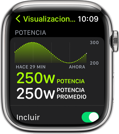 Un Apple Watch en el que se muestra la métrica de entrenamiento Potencia al correr durante una carrera
