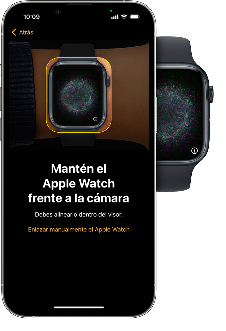 Una pantalla de iPhone en la que se muestra cómo centrar el Apple Watch en el visor del iPhone.
