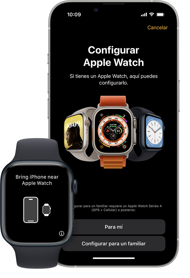 La pantalla de configuración inicial para enlazar un reloj nuevo en un iPhone y un Apple Watch.