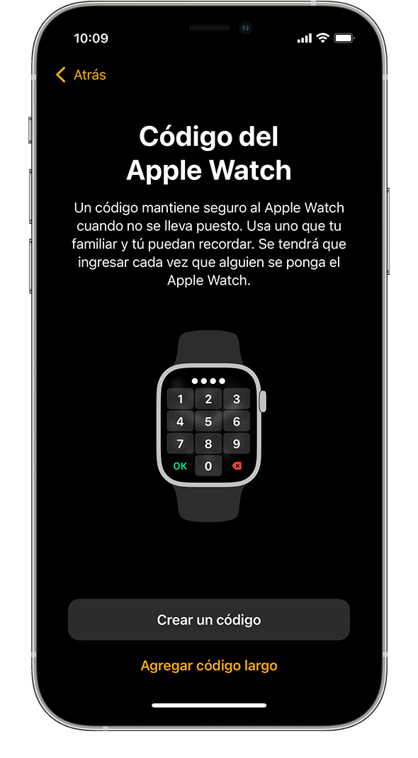 Un iPhone que muestra la pantalla de configuración del código de acceso del Apple Watch