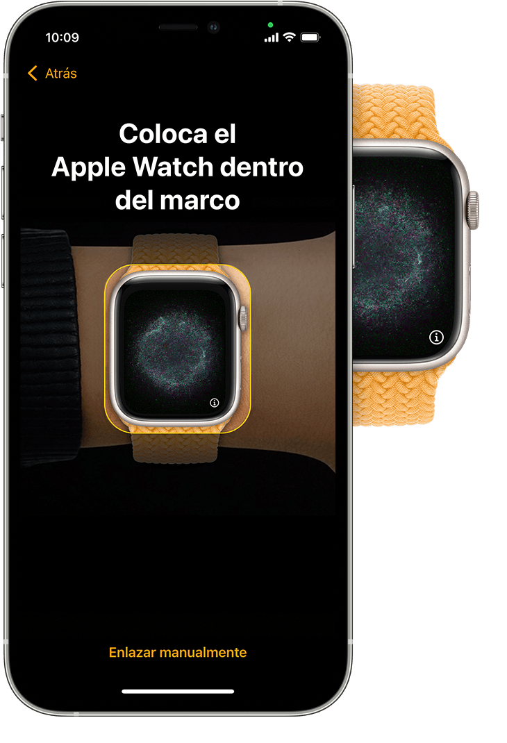 Un iPhone que muestra un Apple Watch en su visor