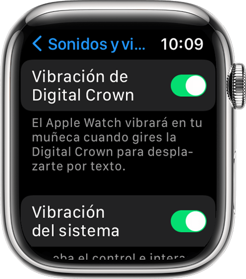 Apple Watch en el que se muestra la pantalla Sonidos y vibración en Configuración con la configuración de Vibración de Digital Crown y Vibración del sistema