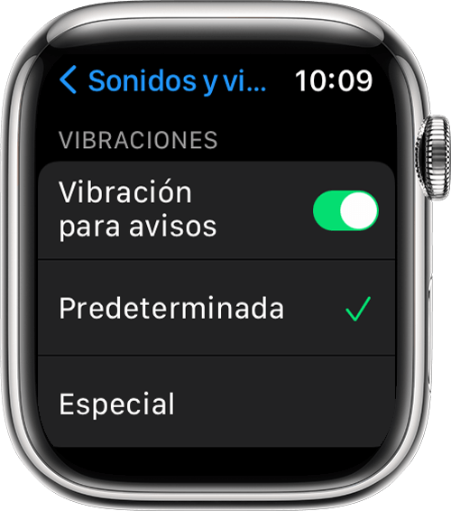 Apple Watch en el que se muestra la pantalla Sonidos y vibración en Configuración