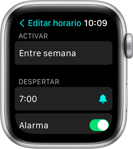 Una pantalla de Apple Watch en la que se muestran las opciones para editar un horario completo de sueño