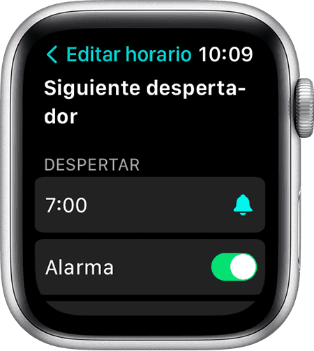 Una pantalla de Apple Watch en la que se muestran las opciones para editar Siguiente despertador