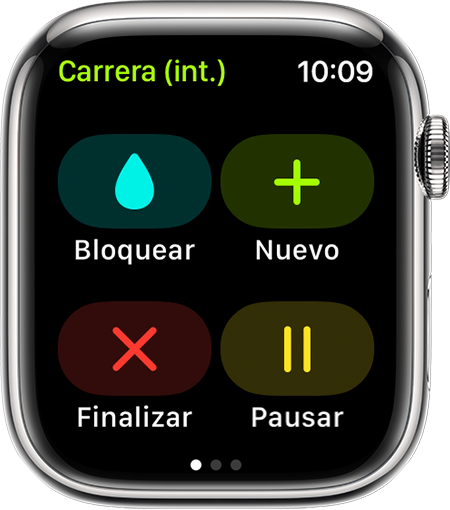 Las opciones Bloquear, Nuevo, Finalizar y Pausar durante un entrenamiento de Carrera (int.) en el Apple Watch.