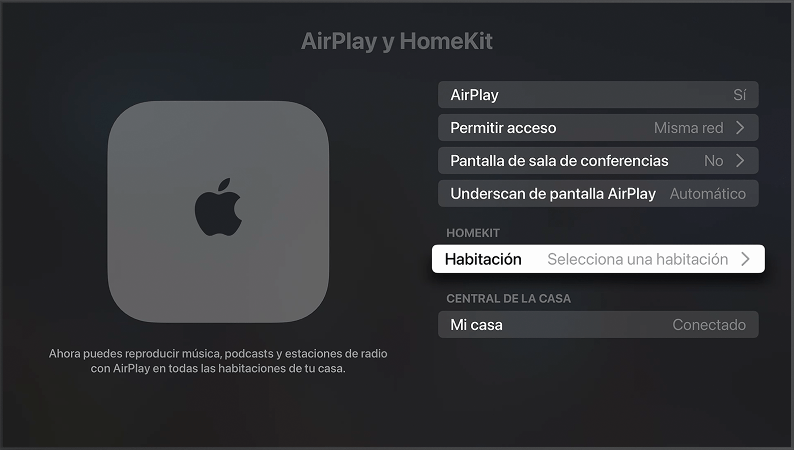 Habitación aparece debajo de HomeKit en la pantalla de AirPlay y HomeKit en la configuración del Apple TV