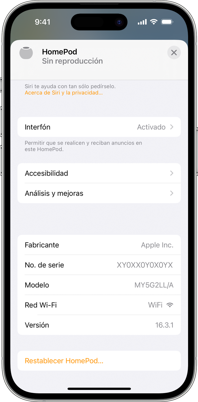 La app Casa en el iPhone con la ubicación del número de serie en la configuración del HomePod
