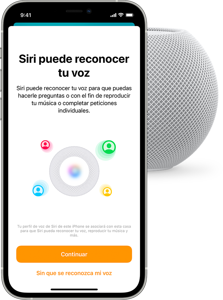 Captura de pantalla de iOS en la que se muestra el texto “El HomePod puede reconocer tu voz”. 