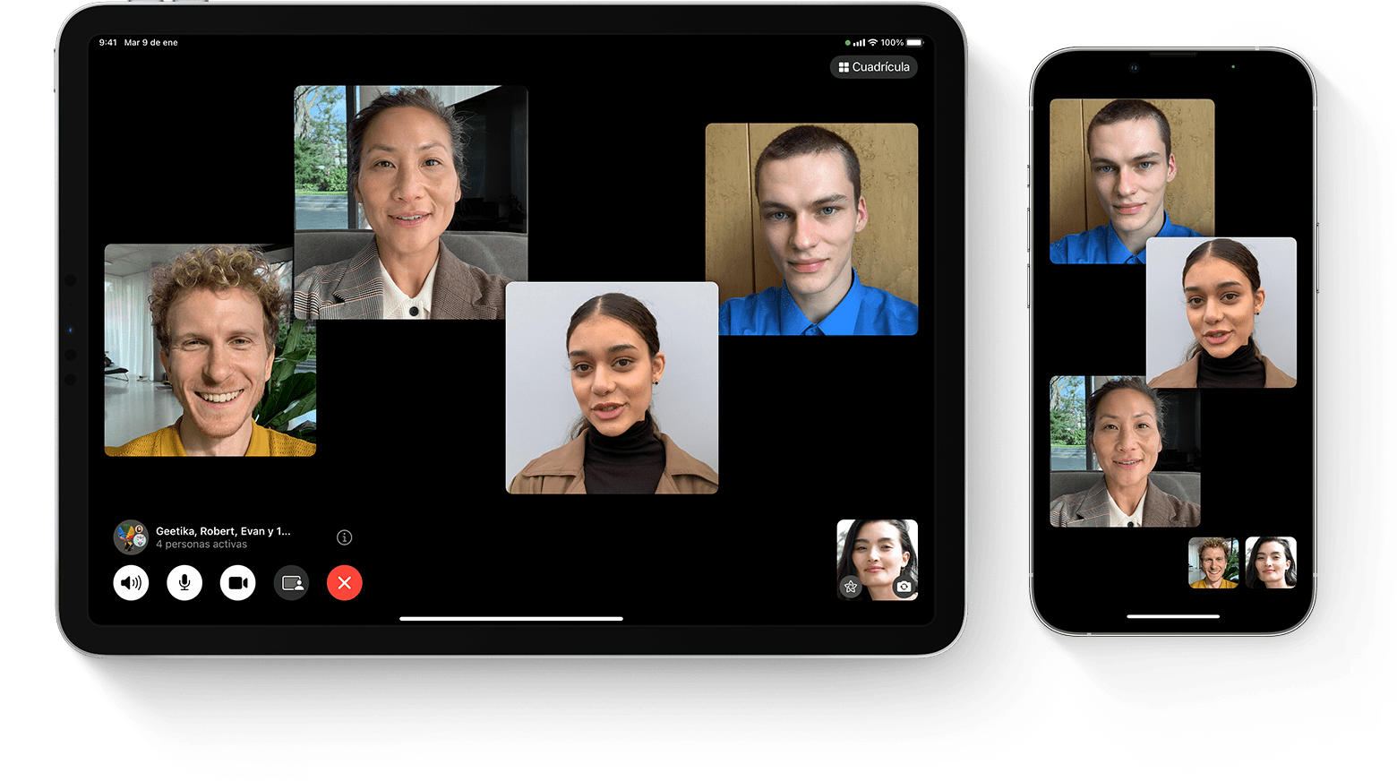 iPhone y iPad en los que se muestra una llamada de FaceTime en grupo