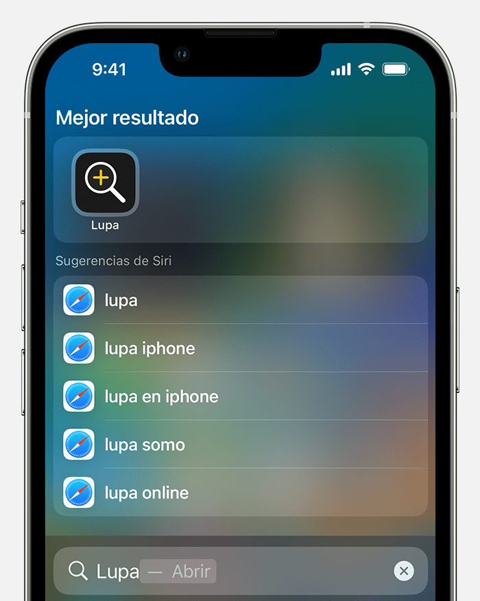 iPhone en el que se muestra una búsqueda de la app Lupa. El ícono de la app Lupa aparece como el mejor resultado.