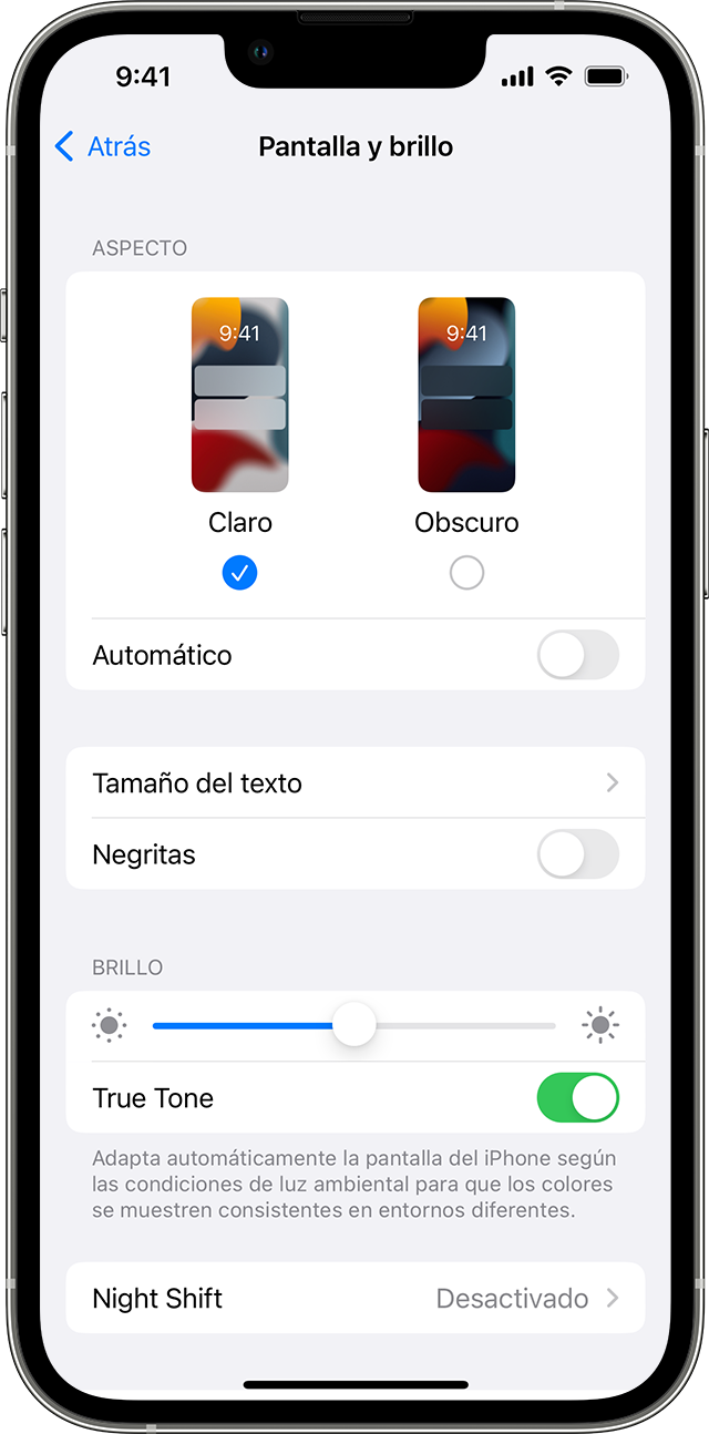 Ajustar el brillo en el iPhone desde la app Configuración.