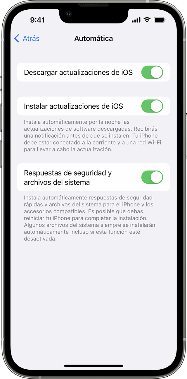 La app Configuración del iPhone en la que se muestran opciones para actualizar el dispositivo automáticamente.