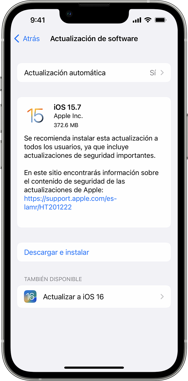 La app Configuración del iPhone, donde se muestran las opciones para actualizar el sistema a iOS 15.7 o iOS 16.