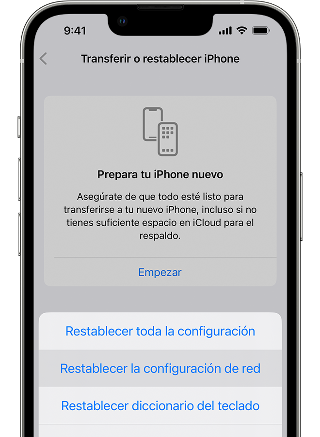 Un iPhone en el que se muestra la pantalla 	Transferir o restablecer iPhone. 