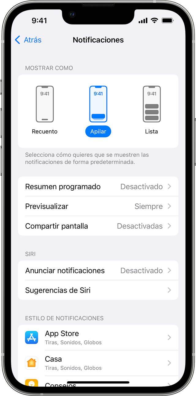 iPhone en el que se muestra la configuración de Notificaciones con la opción de pantalla Pila seleccionada.
