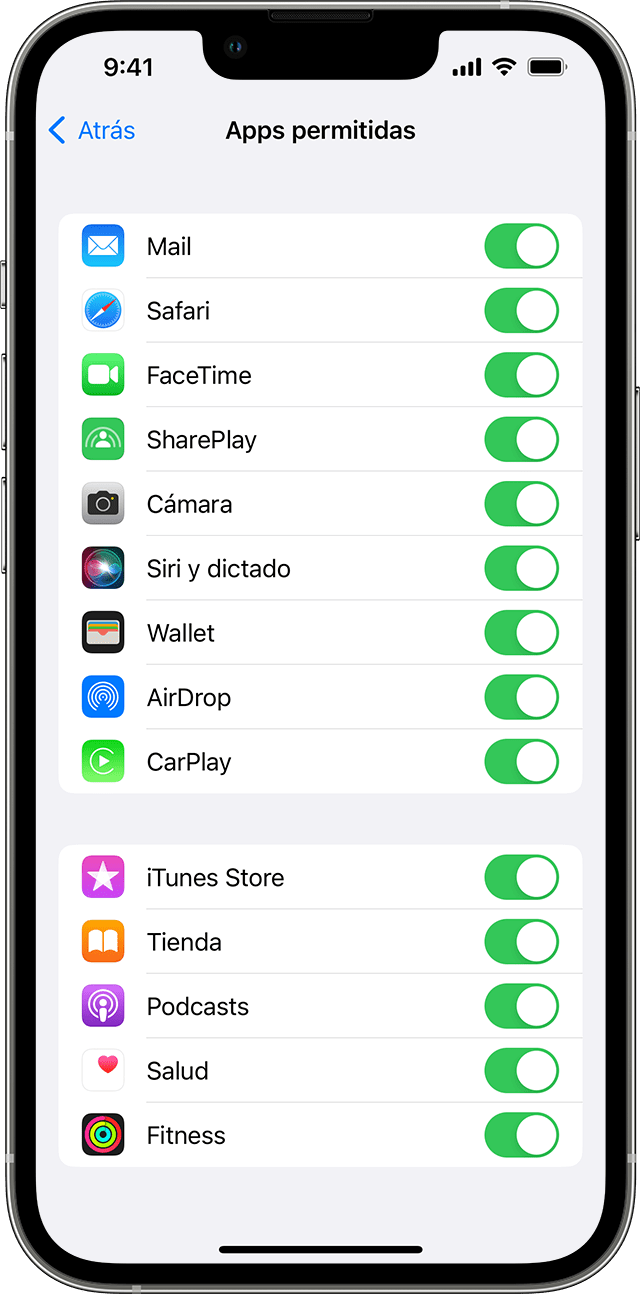 Un iPhone en el que se muestra la pantalla Apps permitidas. Las apps seleccionadas tienen activado el interruptor.
