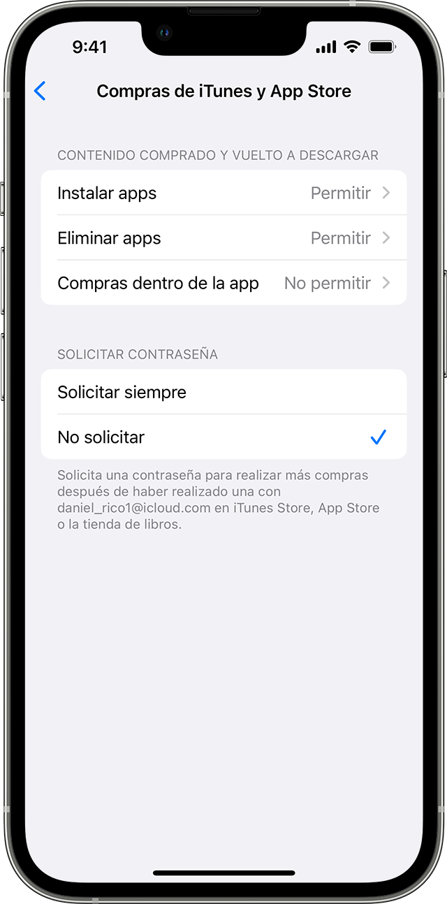 Un iPhone en el que se muestra la pantalla Compras de iTunes y App Store. En Solicitar contraseña, la opción de no solicitar está seleccionada con una marca de verificación junto a ella.