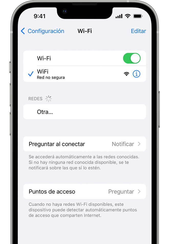 Un iPhone en el que se muestra la pantalla de Wi-Fi. Hay una marca de verificación azul al lado del nombre de la red Wi-Fi.