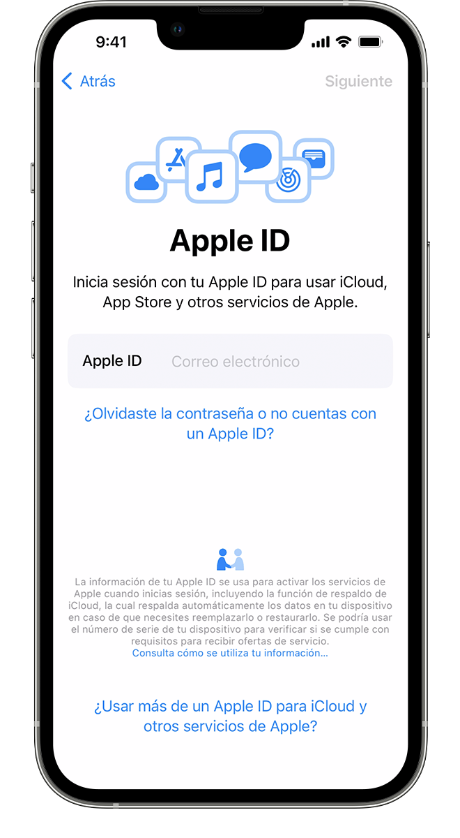 Un iPhone nuevo en el que se muestra la pantalla de Apple ID, en donde puedes iniciar sesión con tu Apple ID y contraseña.