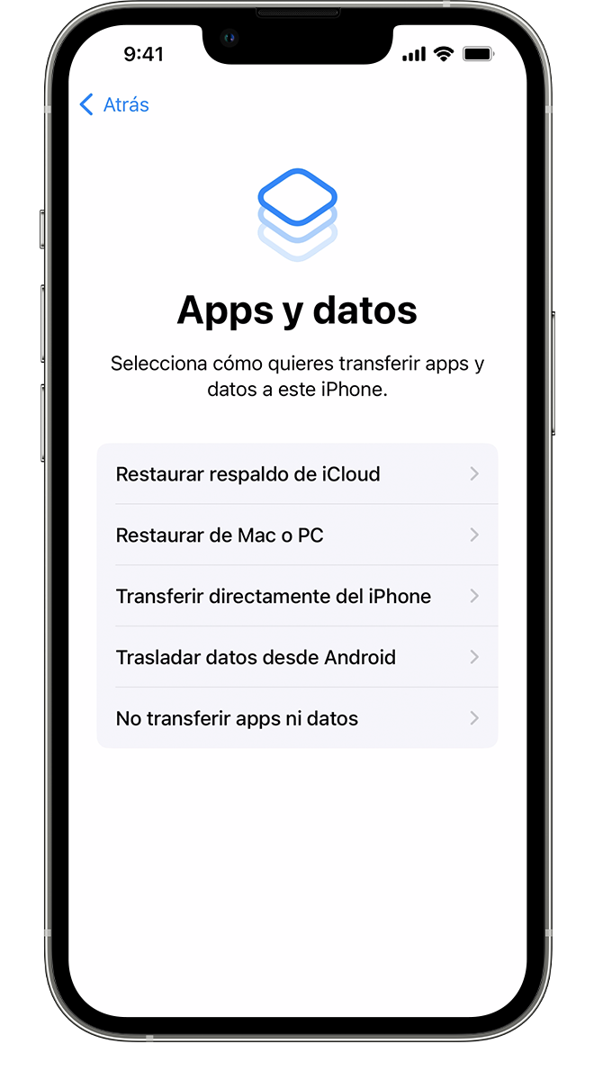 Un iPhone nuevo en el que se muestra la pantalla Apps y datos, en donde puedes seleccionar cómo deseas transferir los datos a este dispositivo.