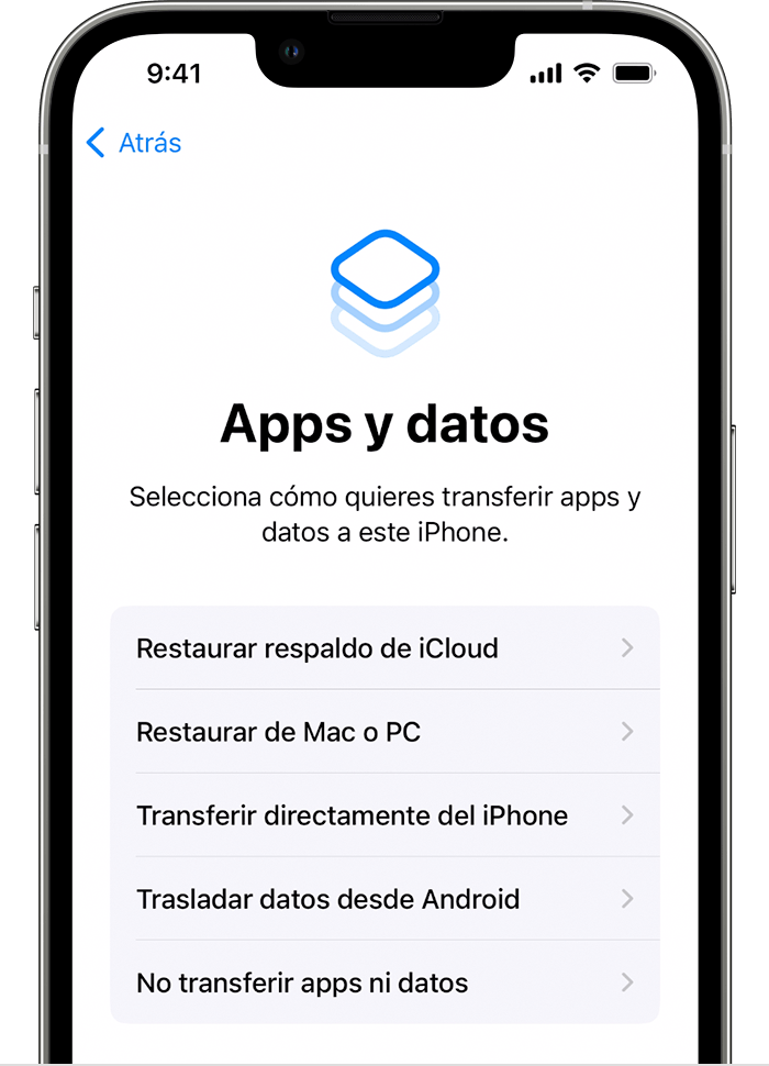 Un iPhone en el que se muestran las opciones para transferir apps y datos