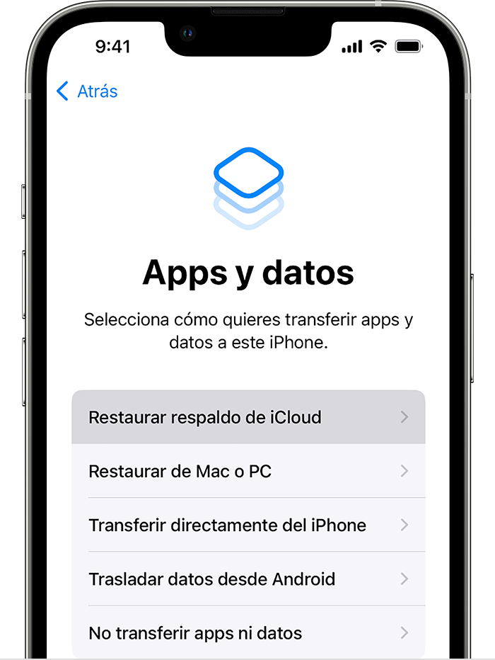Un iPhone en el que se muestra la pantalla Apps y datos con la opción Restaurar respaldo de iCloud seleccionada.