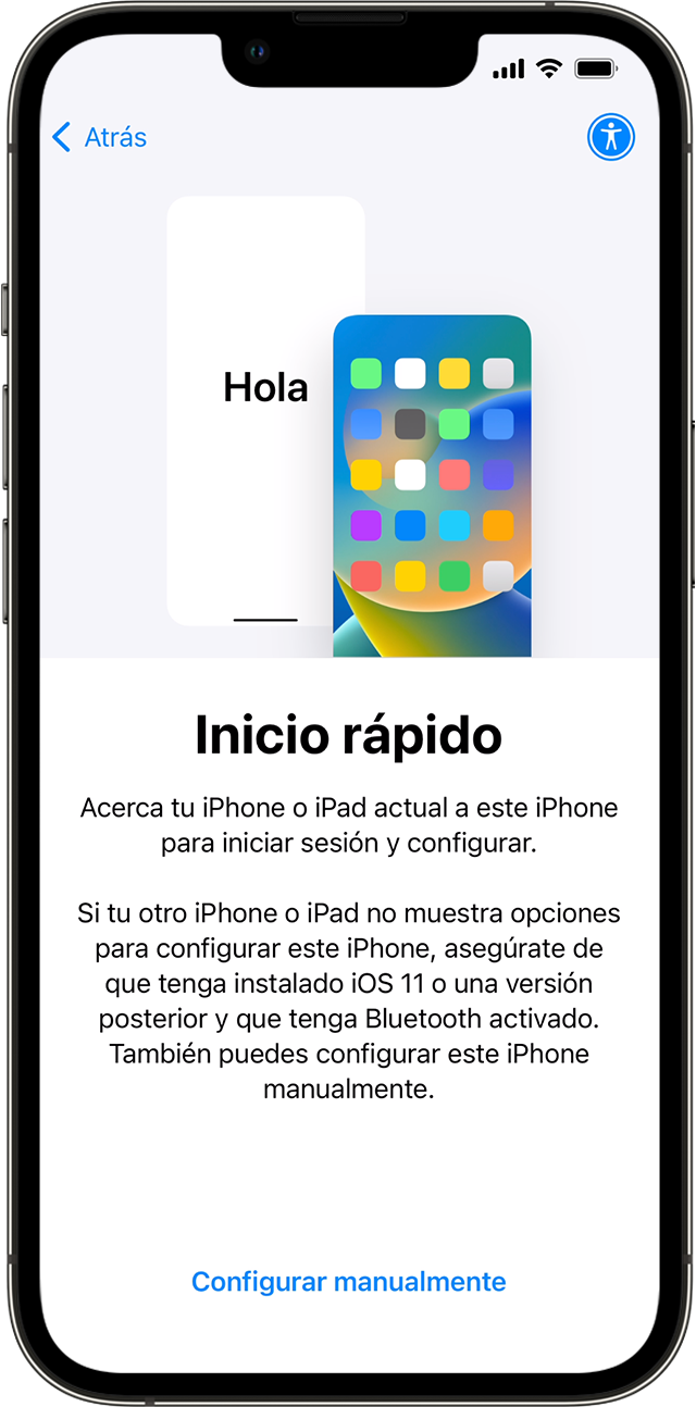 Un iPhone nuevo en el que se muestra la pantalla Inicio rápido. En las instrucciones, se indica que coloques el dispositivo anterior cerca del nuevo.