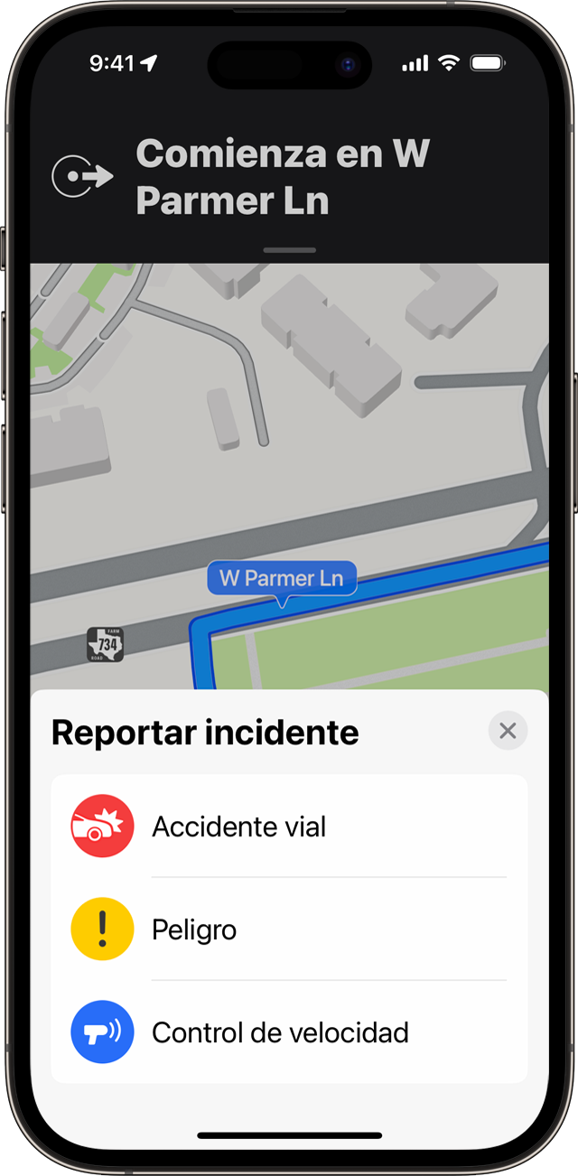 Puedes informar de un incidente mientras usas las indicaciones paso a paso en Mapas en el iPhone