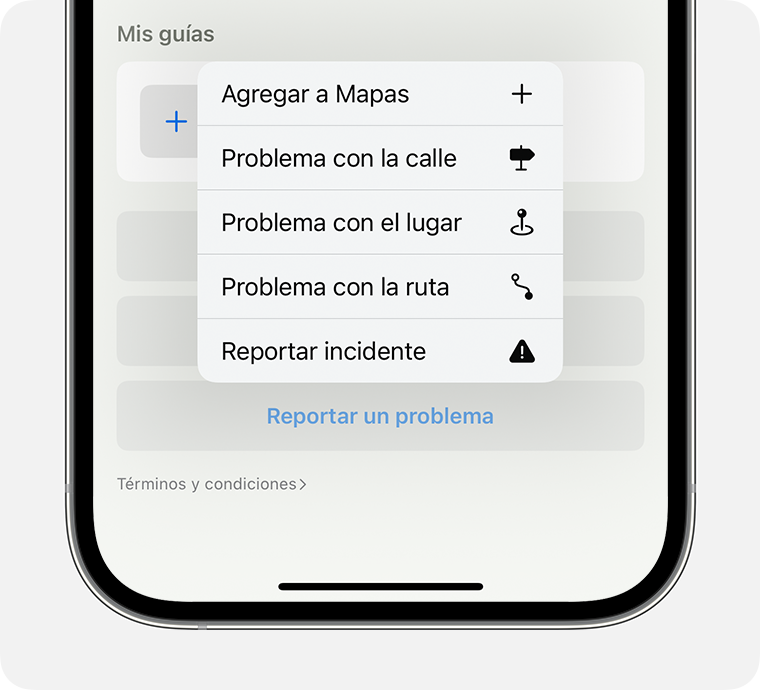 Cuando usas Mapas en iOS, puedes informar un problema con un lugar, una ruta o un incidente en la app. Toca Reportar un problema en la parte inferior de la pantalla en la app Mapas.