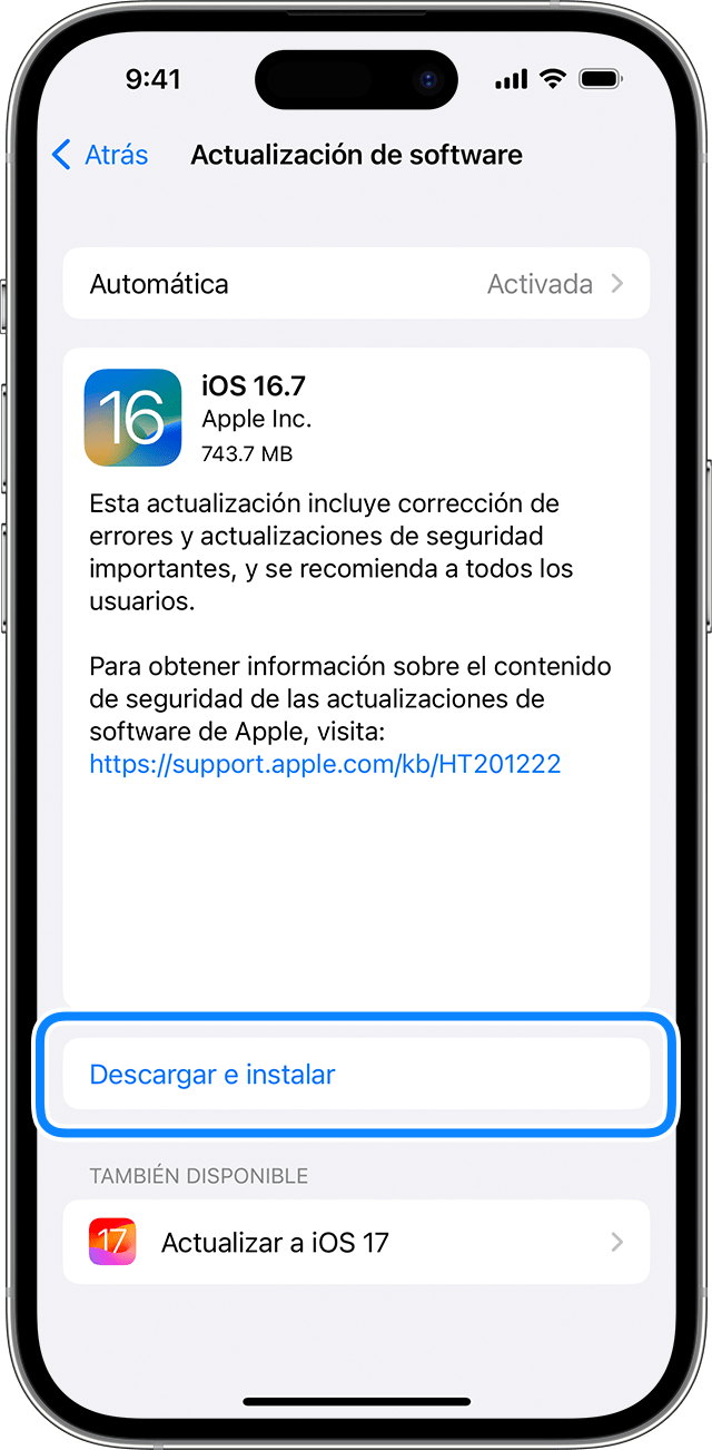 Un iPhone en el que se muestra la opción de descargar e instalar la actualización