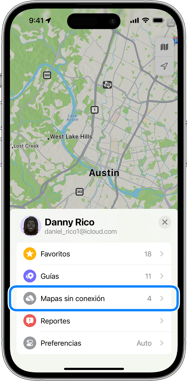 Toca tu foto o tus iniciales en la app Mapas para ver cuántos mapas sin conexión tienes descargados.