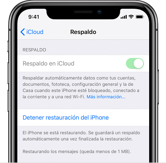 iPhone que muestra Respaldo en iCloud activado