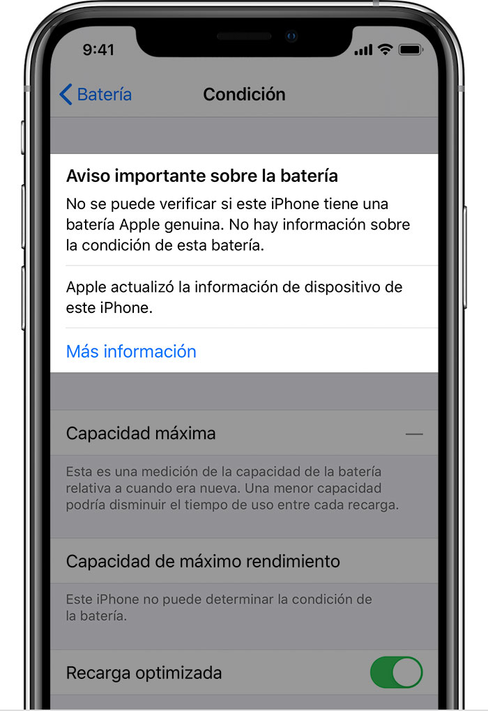 Imagen en la que se muestra un mensaje que indica que el iPhone no puede verificar si tiene una batería Apple original