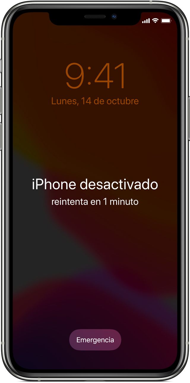 Un iPhone muestra el mensaje “iPhone is disabled” (iPhone está desactivado) después de que se intentó ingresar el código incorrecto.