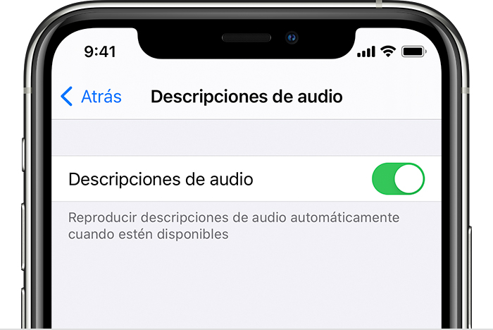 El botón Descripciones de audio de Configuración en el iPhone