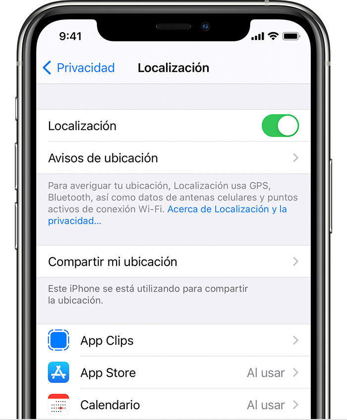 iPhone que muestra opciones en la función Localización, como Avisos de ubicación y configuraciones específicas de la app