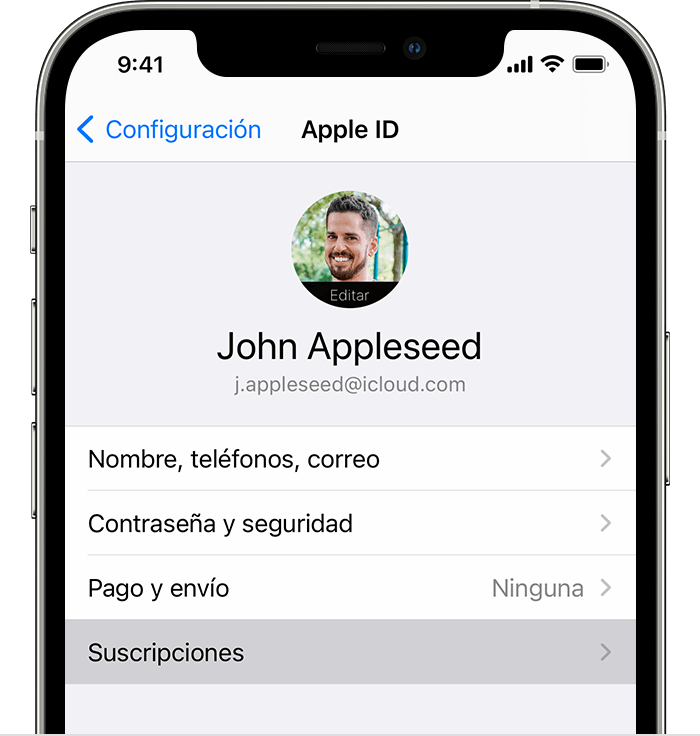 iPhone que muestra la opción de menú Suscripciones en Configuración.