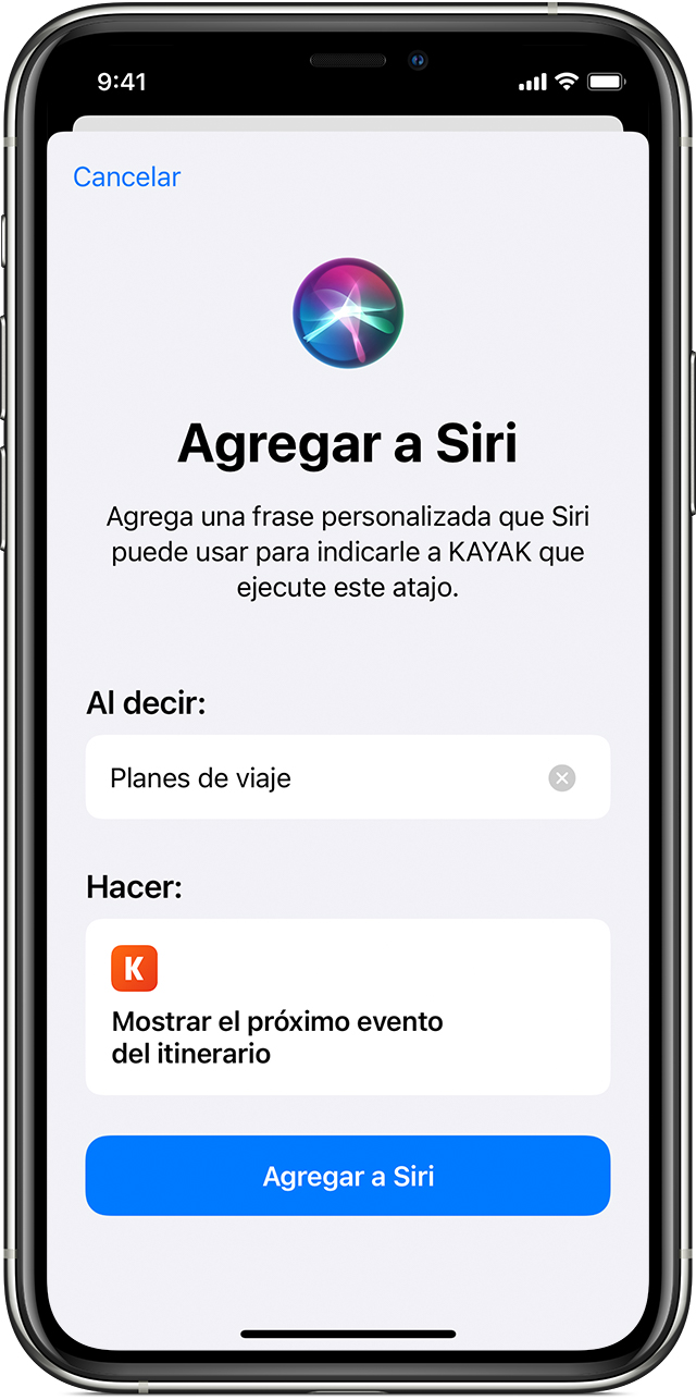 Kayak se agrega a Siri con el botón Agregar a Siri.