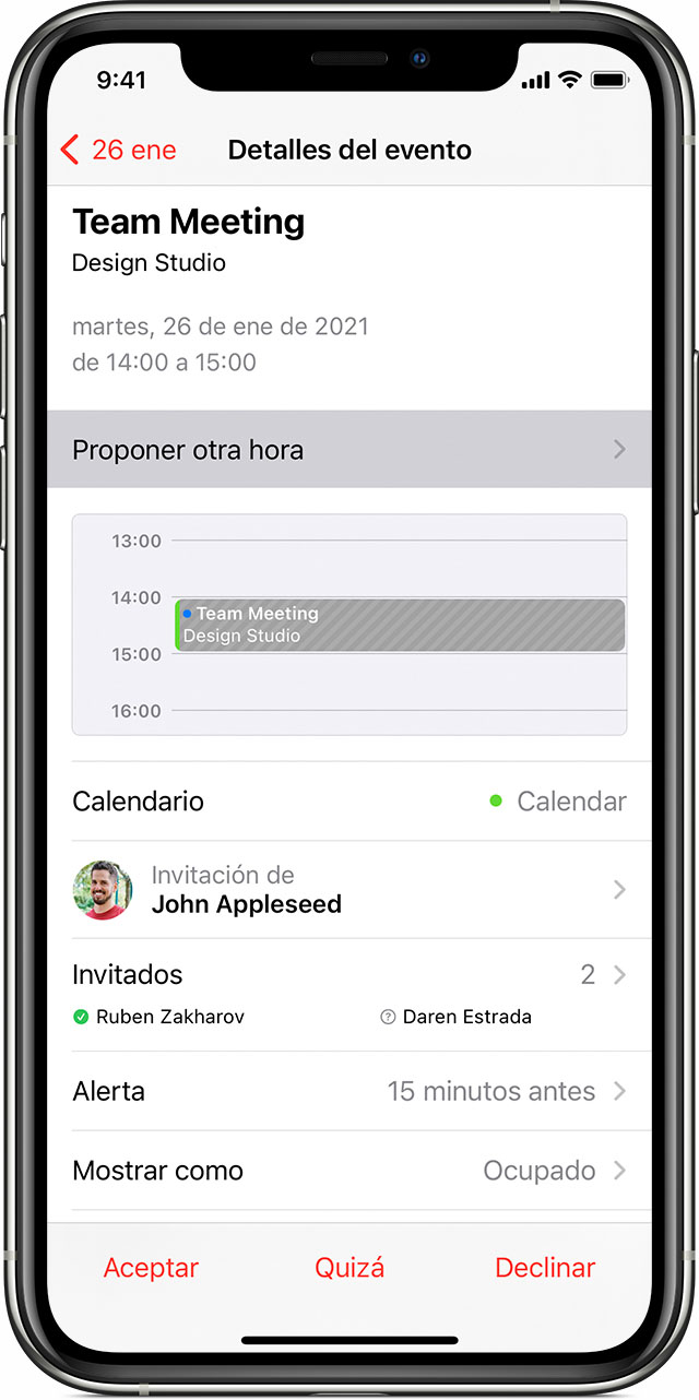 App Calendario en el iPhone donde se muestra el botón Proponer otra hora en una invitación a un evento.