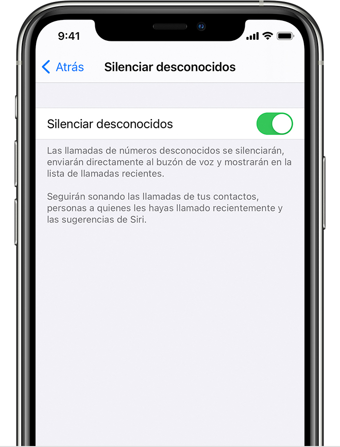 iPhone que muestra cómo activar Silenciar números de teléfono desconocidos