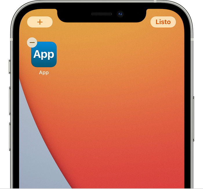 Pantalla del iPhone que muestra una app con el ícono Eliminar en la esquina superior izquierda. También aparece el botón Agregar en la esquina superior izquierda de la pantalla y el botón Listo en la esquina superior derecha de la pantalla.