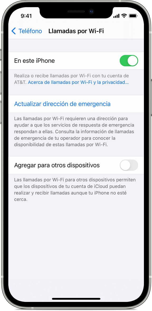 Un iPhone que muestra la pantalla Llamadas por Wi-Fi, con la opción En este iPhone activada.