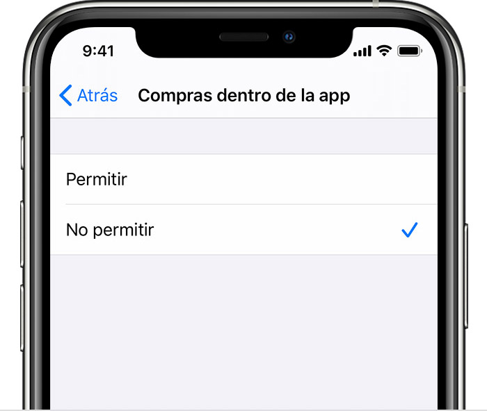Pantalla de configuración del iPhone con la opción Compras dentro de la aplicación establecida en “No permitir”