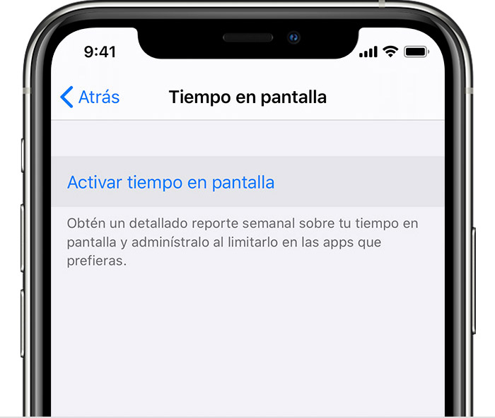 Configuración del iPhone con la opción “Activar tiempo en pantalla” seleccionada