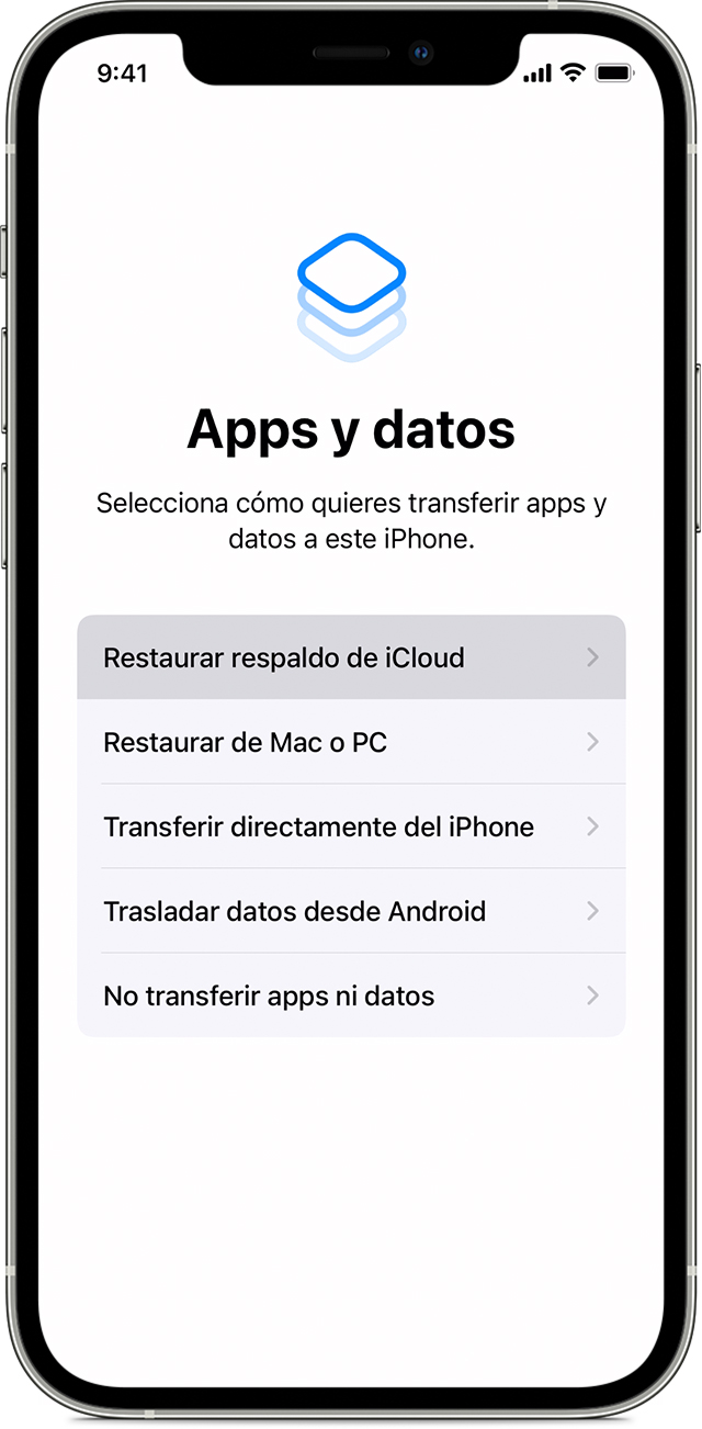 iPhone que muestra la pantalla Apps y datos con la opción Restaurar de respaldo de iCloud seleccionada.