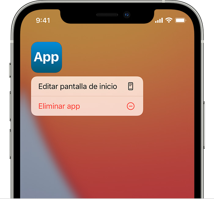 Pantalla del iPhone que muestra el menú que aparece cuando se mantiene presionada una app. Eliminar app es la tercera opción del menú.